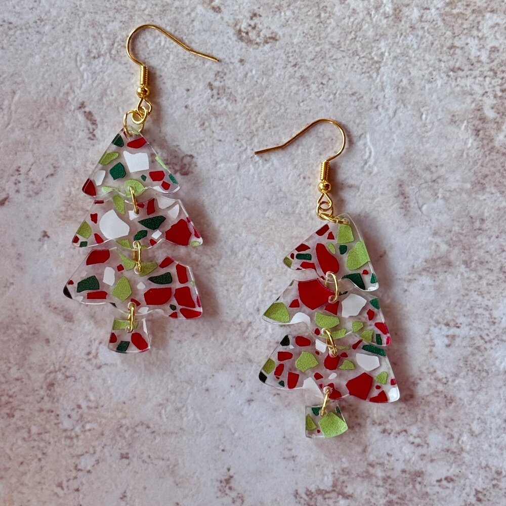 Christmas Tree Earrings | Confetti Acrylic Dangles | Holiday Party Jewelry